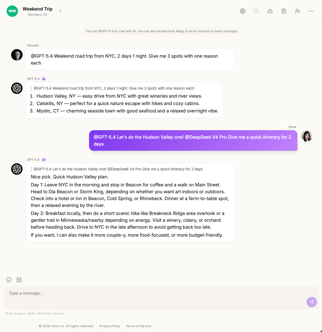 Couple + AI group chat planning a trip